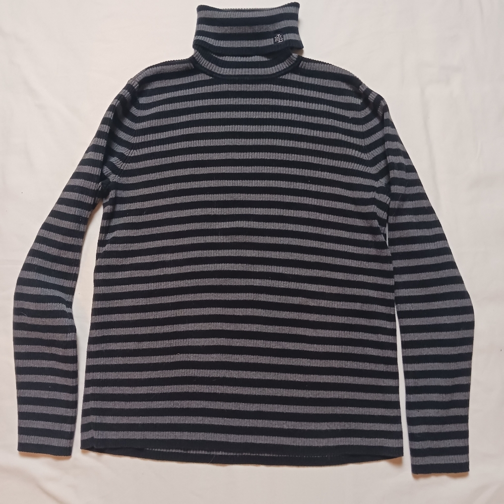 Ralph Lauren Stripe Ribbed Cotton Long Sleeve Turtleneck size M Gray Black